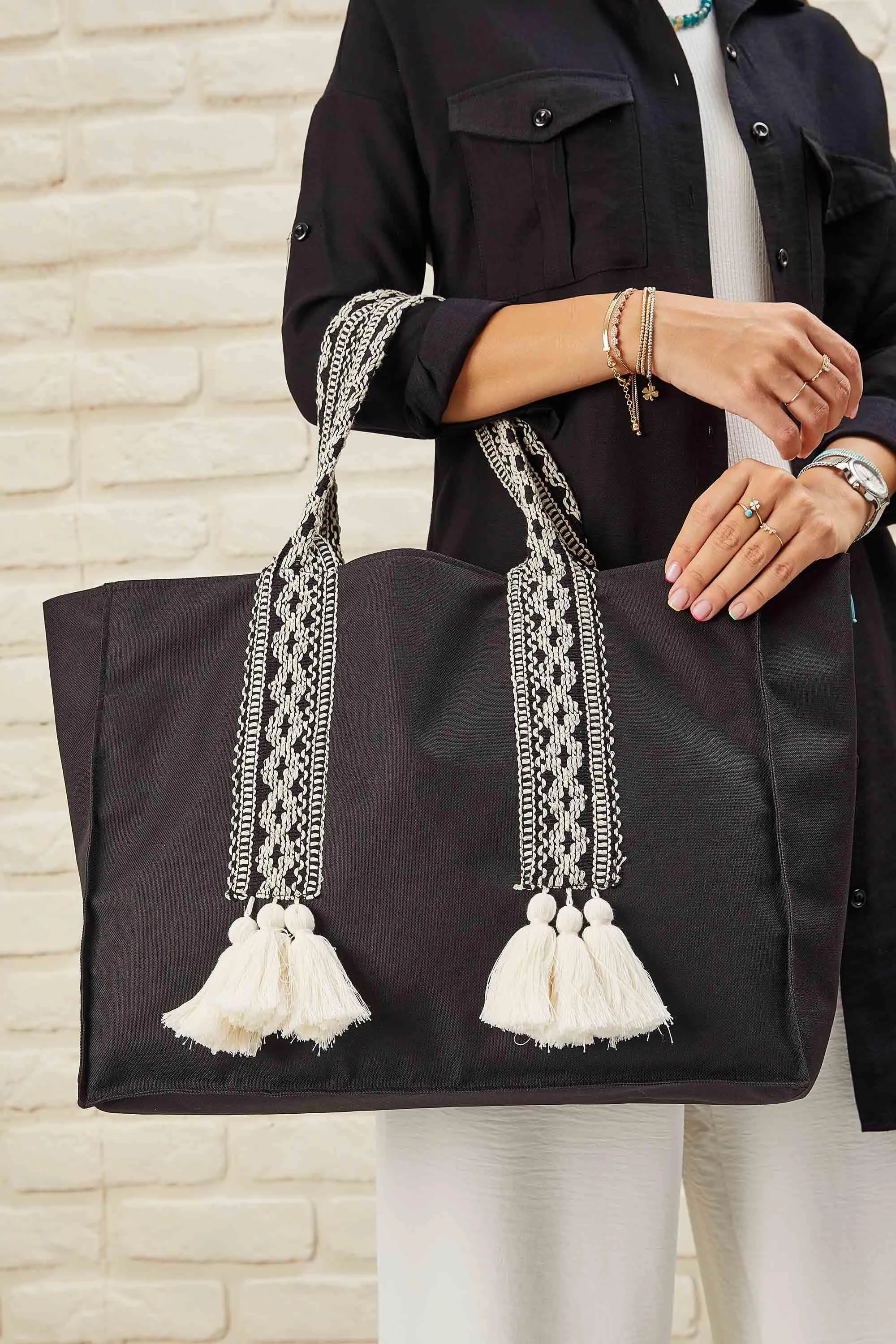 Polyamide Canvas Hand Shoulder Tote Bag with Tassels Casual Daily Bag Large Capacity Shopping Bag,C-15