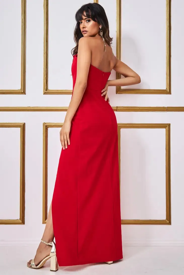 Red Satin-Tux Strapless Maxi